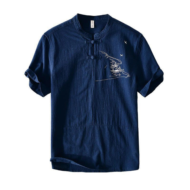 Cotton Linen Mandarin Collar Frog Button Mindful Men's Shirt