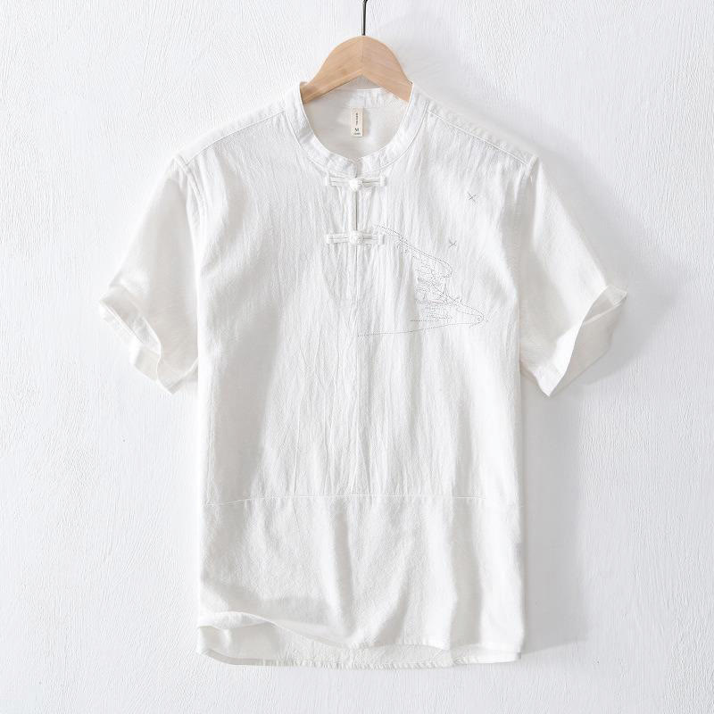 Cotton Linen Mandarin Collar Frog Button Mindful Men's Shirt