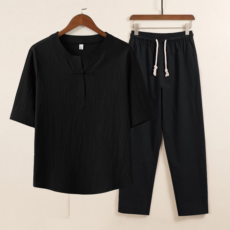 2Pcs Simple Design Chinese Frog-Button Shirt Drawstring Wide Leg Pants With Pockets Men's Meditation Cloth Set