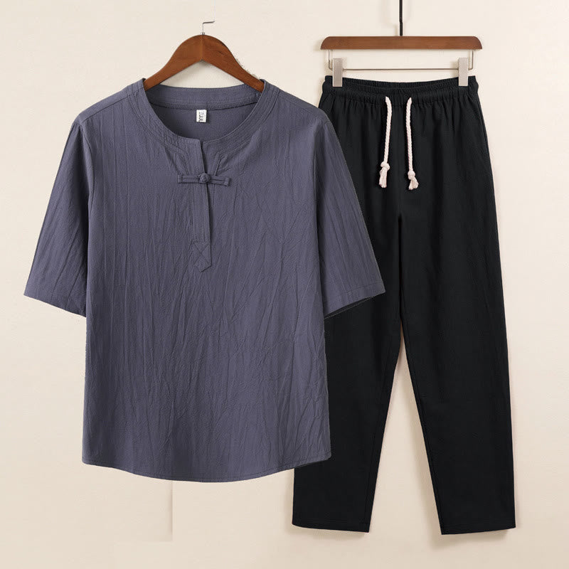 2Pcs Simple Design Chinese Frog-Button Shirt Drawstring Wide Leg Pants With Pockets Men's Meditation Cloth Set