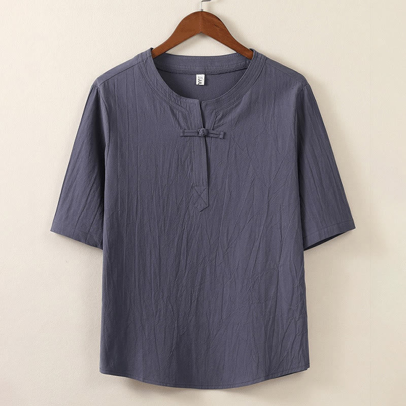 2Pcs Simple Design Chinese Frog-Button Shirt Drawstring Wide Leg Pants With Pockets Men's Meditation Cloth Set