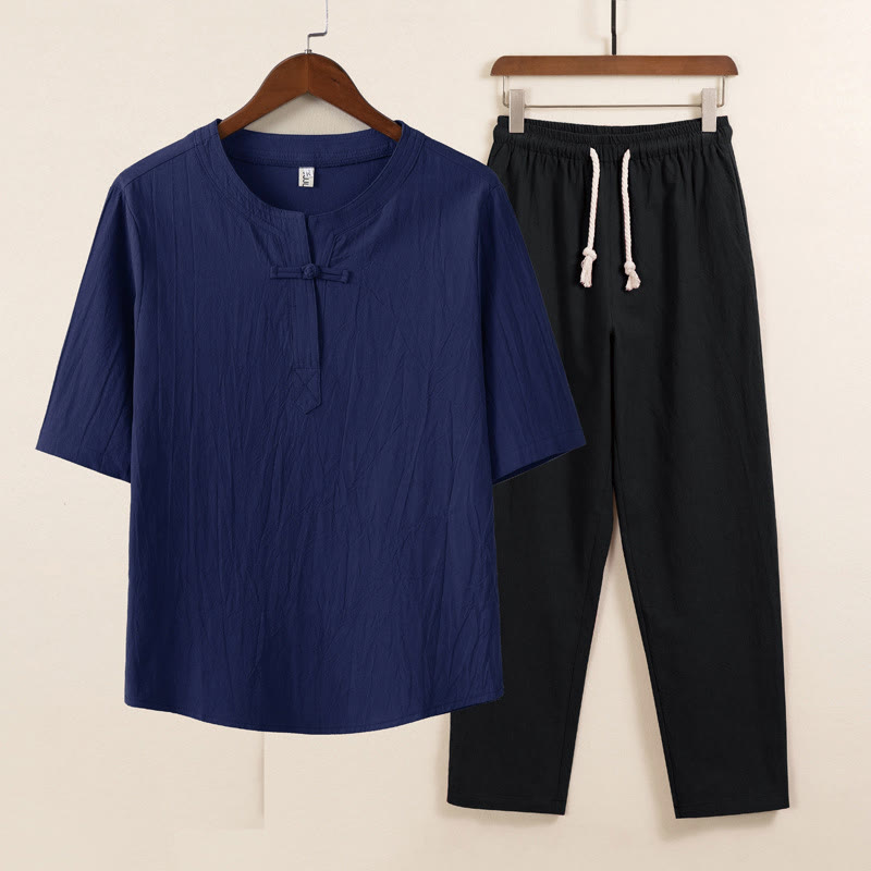 2Pcs Simple Design Chinese Frog-Button Shirt Drawstring Wide Leg Pants With Pockets Men's Meditation Cloth Set