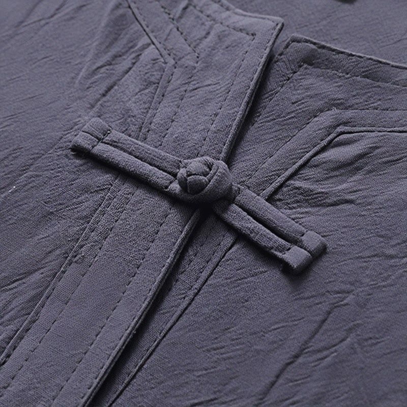 2Pcs Simple Design Chinese Frog-Button Shirt Drawstring Wide Leg Pants With Pockets Men's Meditation Cloth Set