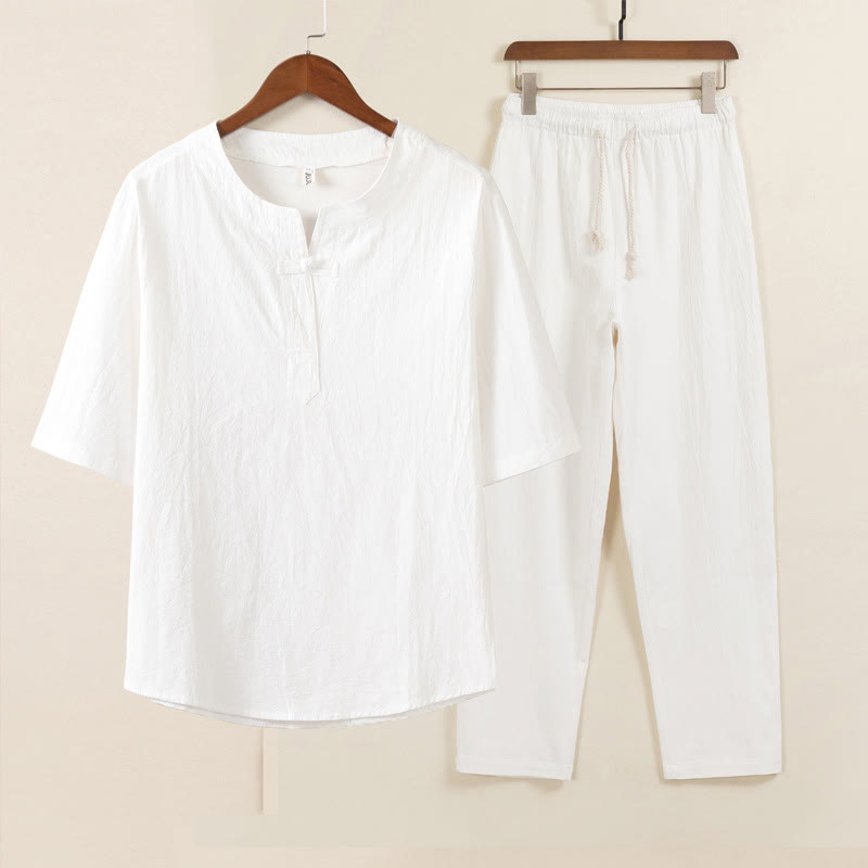 2Pcs Simple Design Chinese Frog-Button Shirt Drawstring Wide Leg Pants With Pockets Men's Meditation Cloth Set
