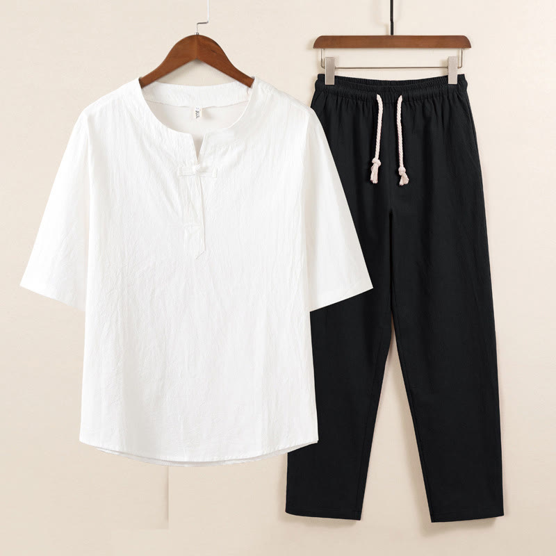 2Pcs Simple Design Chinese Frog-Button Shirt Drawstring Wide Leg Pants With Pockets Men's Meditation Cloth Set