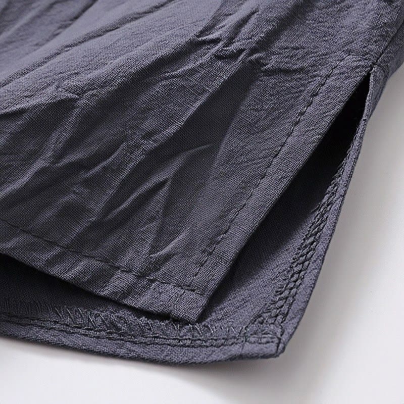 2Pcs Simple Design Chinese Frog-Button Shirt Drawstring Wide Leg Pants With Pockets Men's Meditation Cloth Set