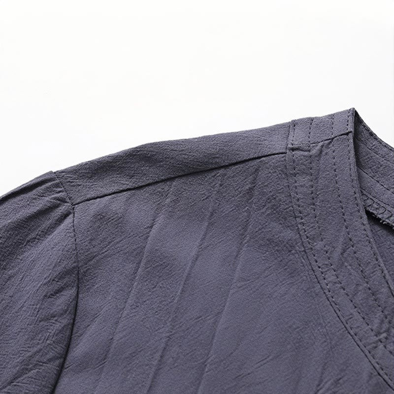 2Pcs Simple Design Chinese Frog-Button Shirt Drawstring Wide Leg Pants With Pockets Men's Meditation Cloth Set