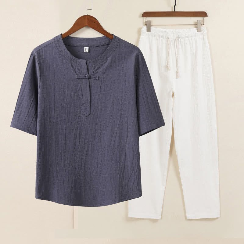 2Pcs Simple Design Chinese Frog-Button Shirt Drawstring Wide Leg Pants With Pockets Men's Meditation Cloth Set