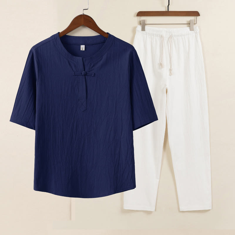 2Pcs Simple Design Chinese Frog-Button Shirt Drawstring Wide Leg Pants With Pockets Men's Meditation Cloth Set