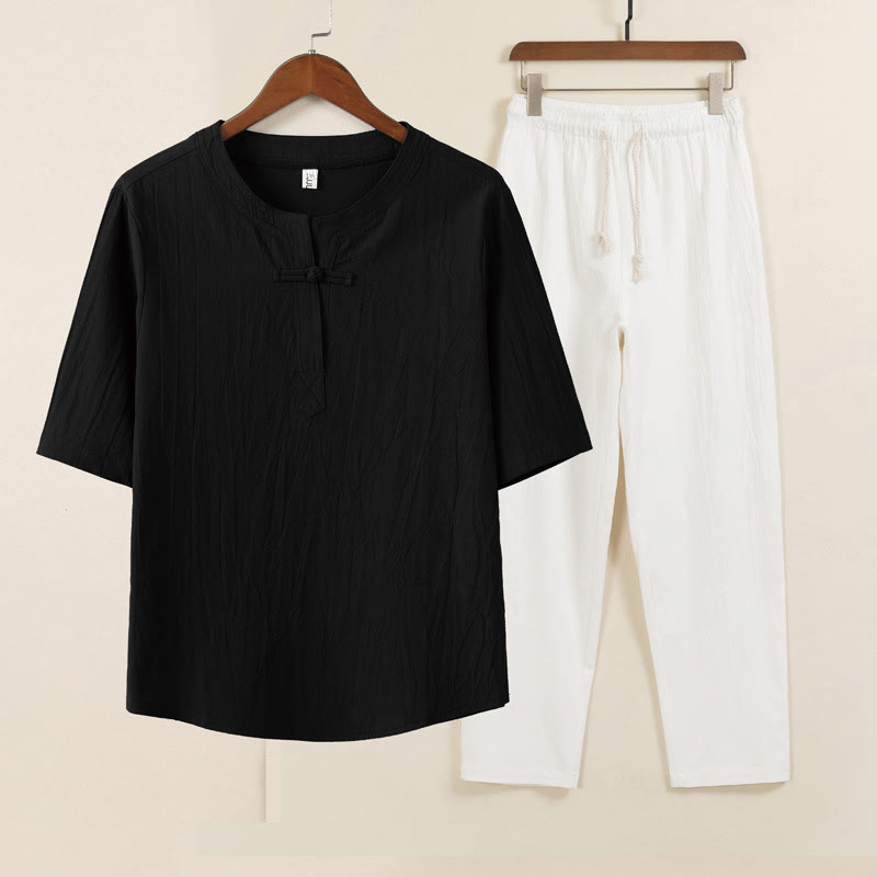 2Pcs Simple Design Chinese Frog-Button Shirt Drawstring Wide Leg Pants With Pockets Men's Meditation Cloth Set