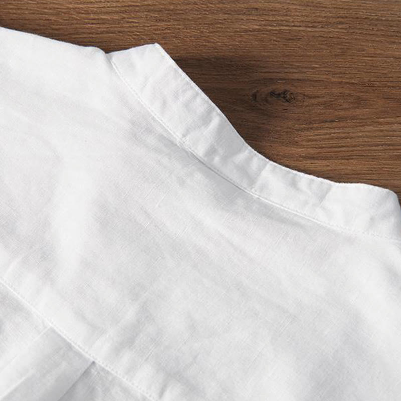 Cotton Linen Crane Embroidered Stand Collar Meditation Shirt