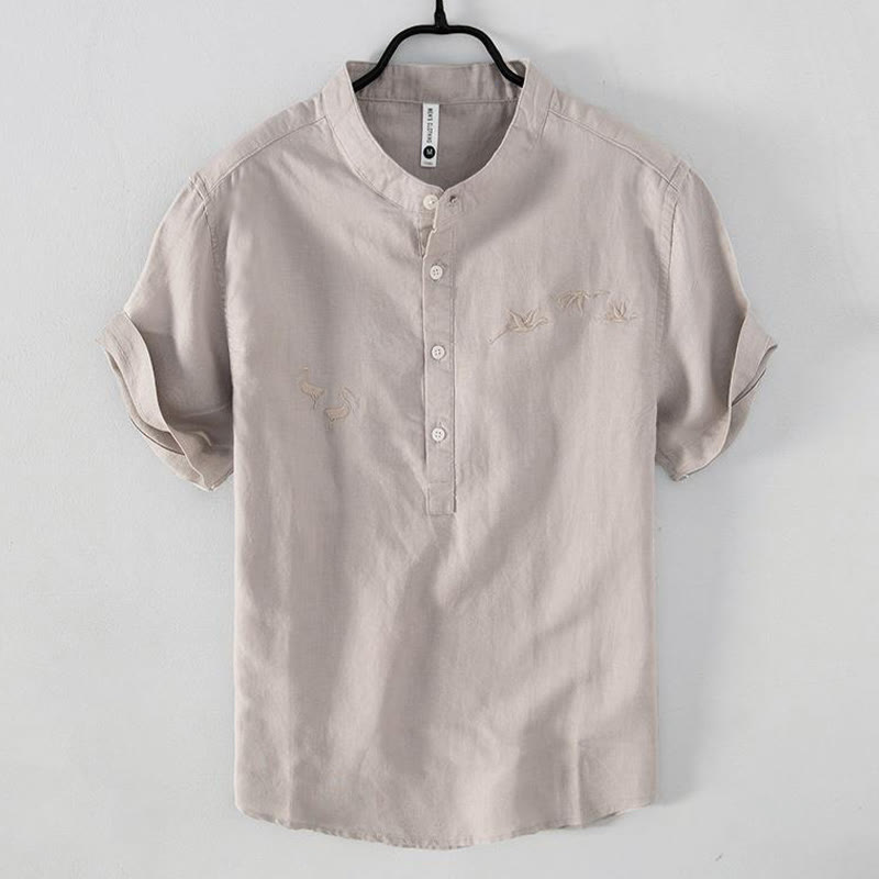Cotton Linen Crane Embroidered Stand Collar Meditation Shirt