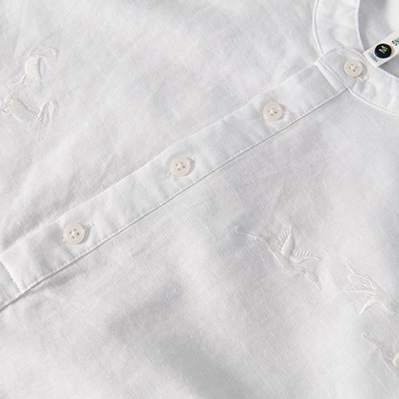 Cotton Linen Crane Embroidered Stand Collar Meditation Shirt