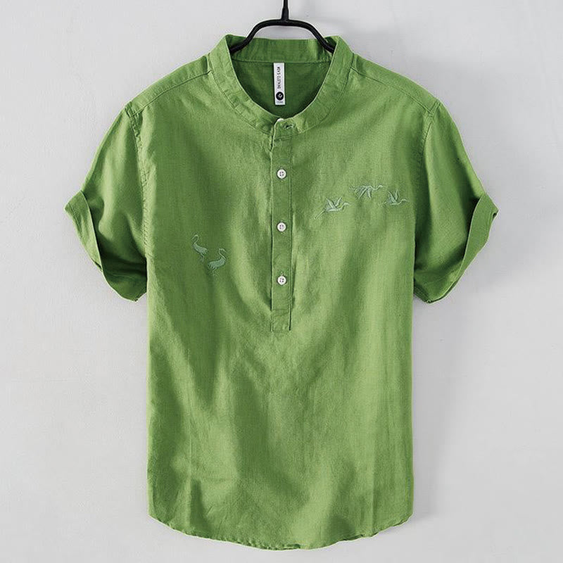 Cotton Linen Crane Embroidered Stand Collar Meditation Shirt