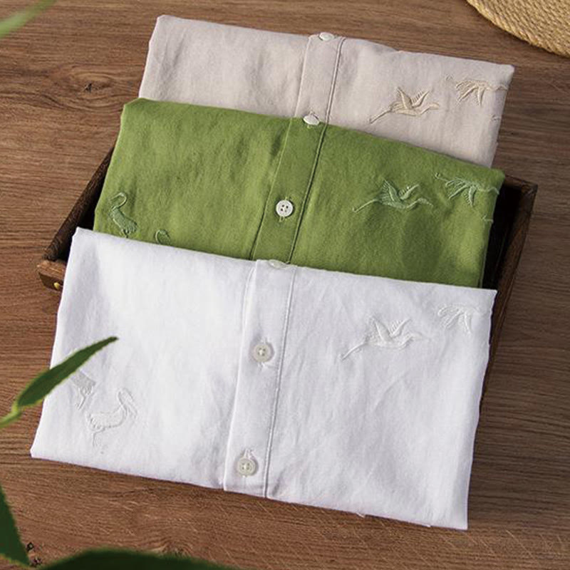 Cotton Linen Crane Embroidered Stand Collar Meditation Shirt