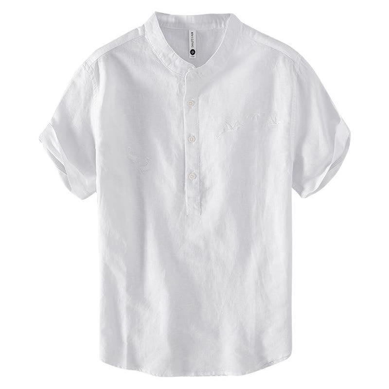 Cotton Linen Crane Embroidered Stand Collar Meditation Shirt