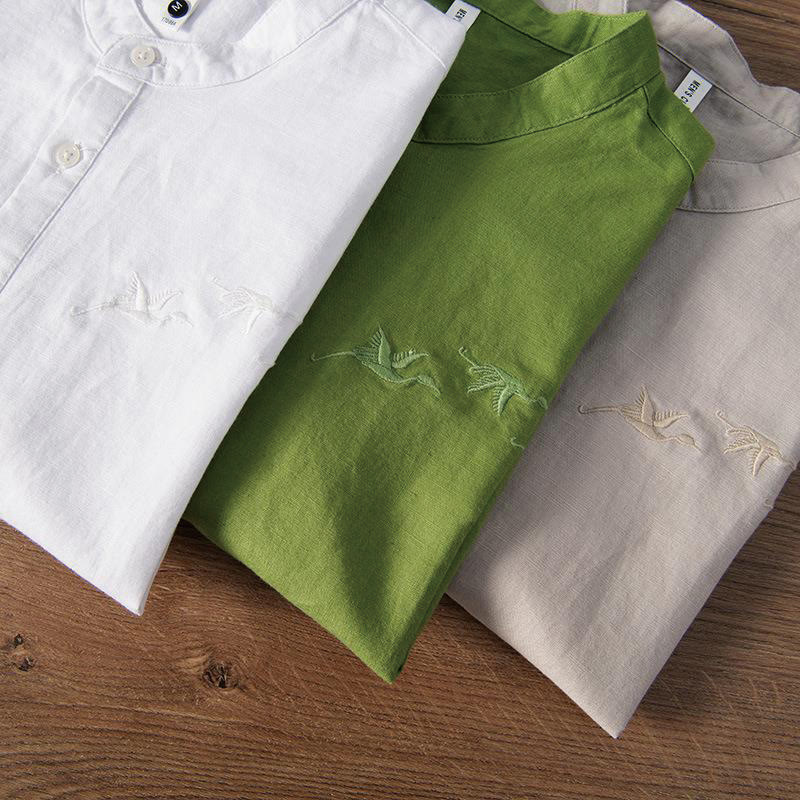 Cotton Linen Crane Embroidered Stand Collar Meditation Shirt