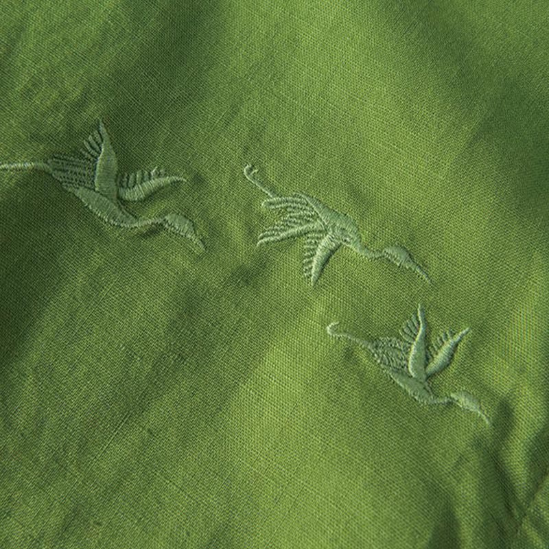 Cotton Linen Crane Embroidered Stand Collar Meditation Shirt