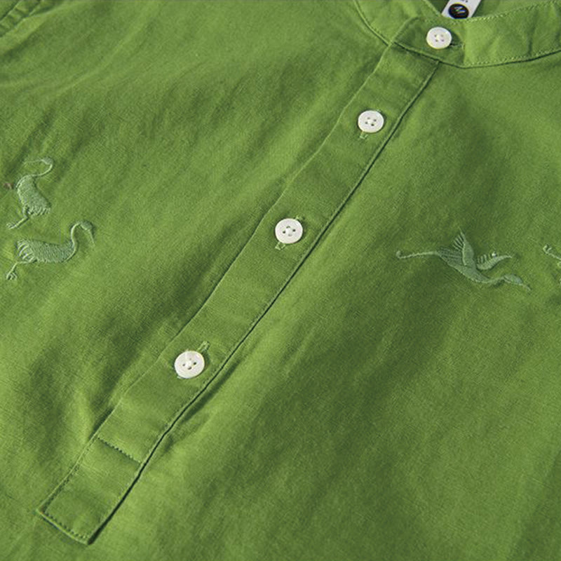 Cotton Linen Crane Embroidered Stand Collar Meditation Shirt