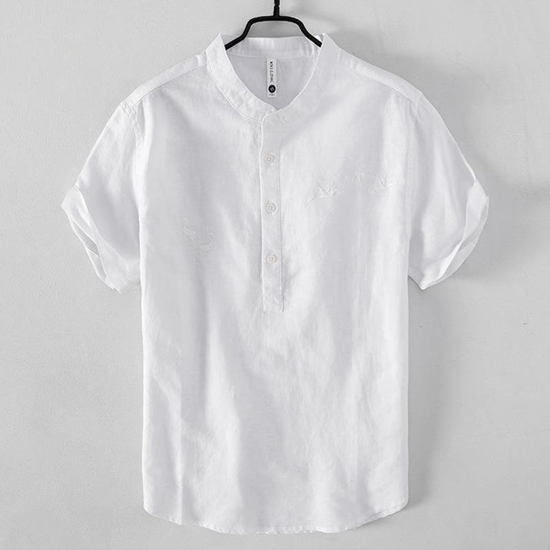 Cotton Linen Crane Embroidered Stand Collar Meditation Shirt