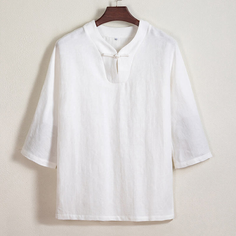 White Frog-button Linen Three Quarter Sleeve Men's Shirt