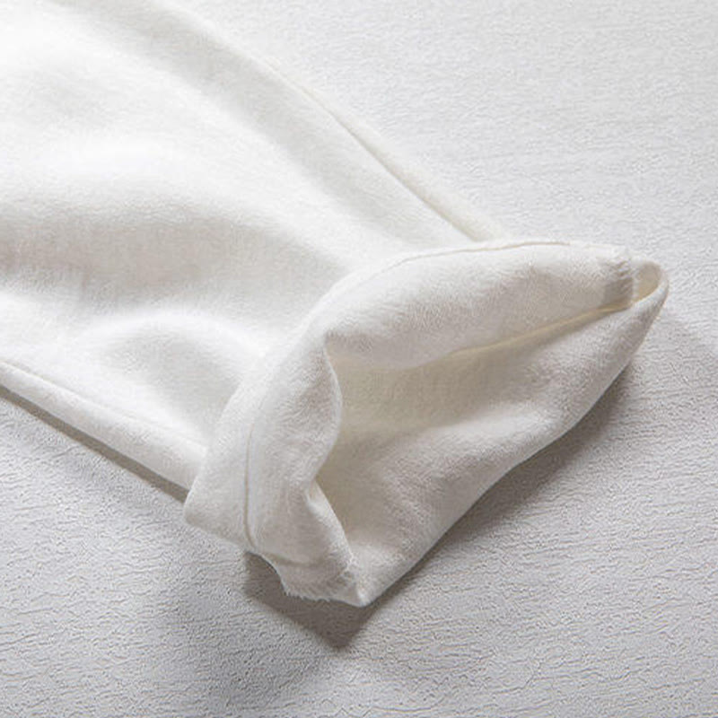 White Frog-button Linen Three Quarter Sleeve Men's Shirt