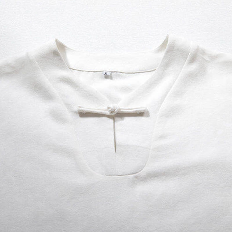 White Frog-button Linen Three Quarter Sleeve Men's Shirt