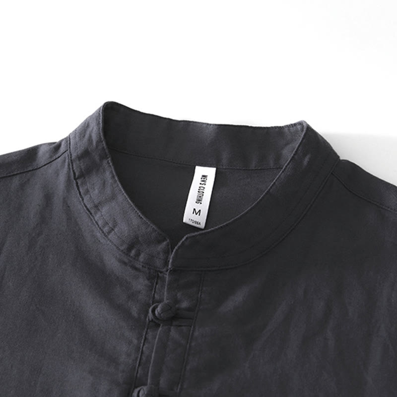 Soft Plain Frog-button Crew Neck Cotton Linen Half Button Men's Shirt