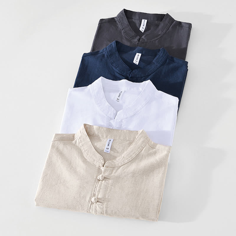 Soft Plain Frog-button Crew Neck Cotton Linen Half Button Men's Shirt