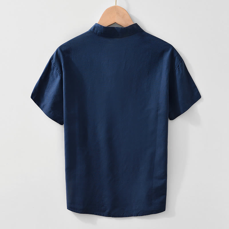 Soft Plain Frog-button Crew Neck Cotton Linen Half Button Men's Shirt