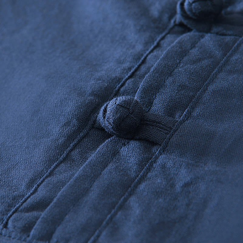 Soft Plain Frog-button Crew Neck Cotton Linen Half Button Men's Shirt