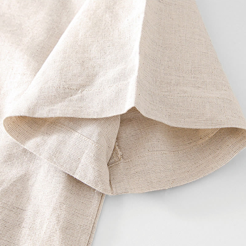 Soft Plain Frog-button Crew Neck Cotton Linen Half Button Men's Shirt