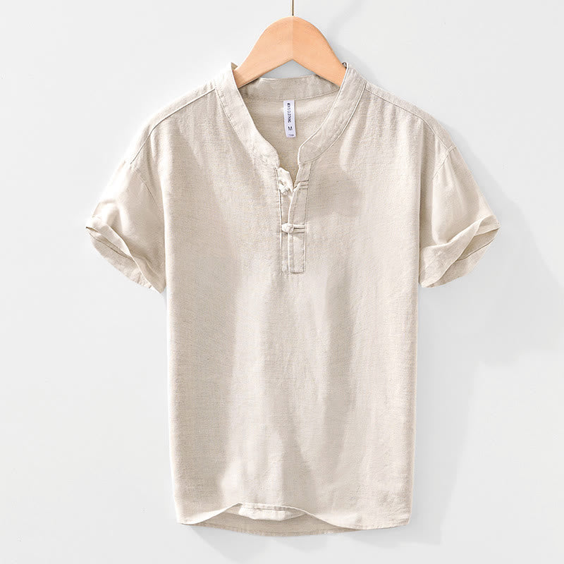 Soft Plain Frog-button Crew Neck Cotton Linen Half Button Men's Shirt