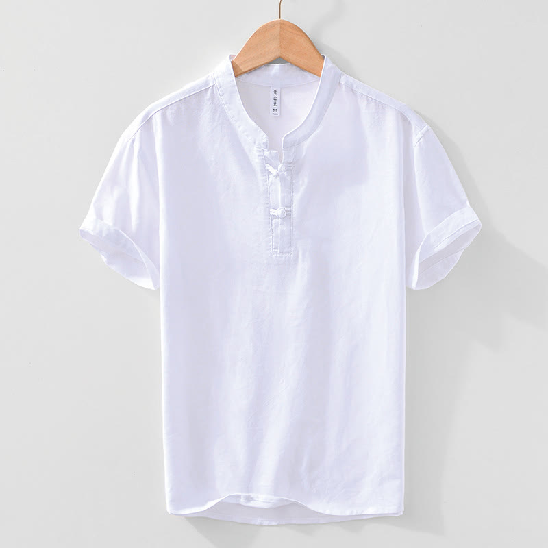 Soft Plain Frog-button Crew Neck Cotton Linen Half Button Men's Shirt