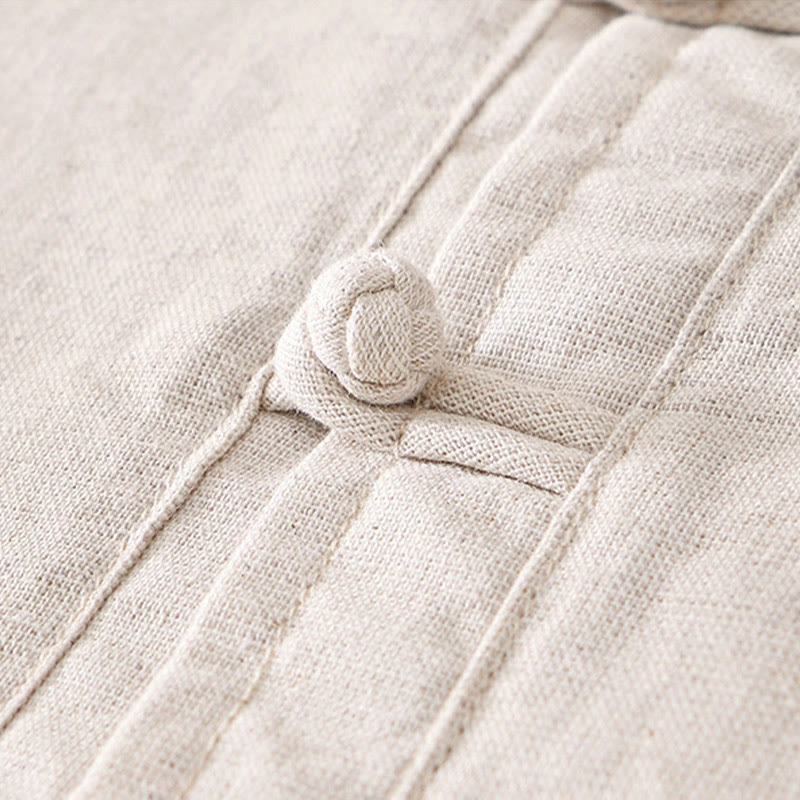 Soft Plain Frog-button Crew Neck Cotton Linen Half Button Men's Shirt