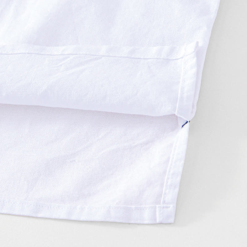 Soft Plain Frog-button Crew Neck Cotton Linen Half Button Men's Shirt