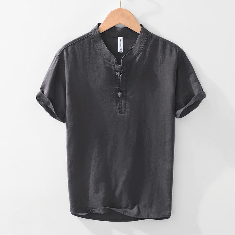 Soft Plain Frog-button Crew Neck Cotton Linen Half Button Men's Shirt