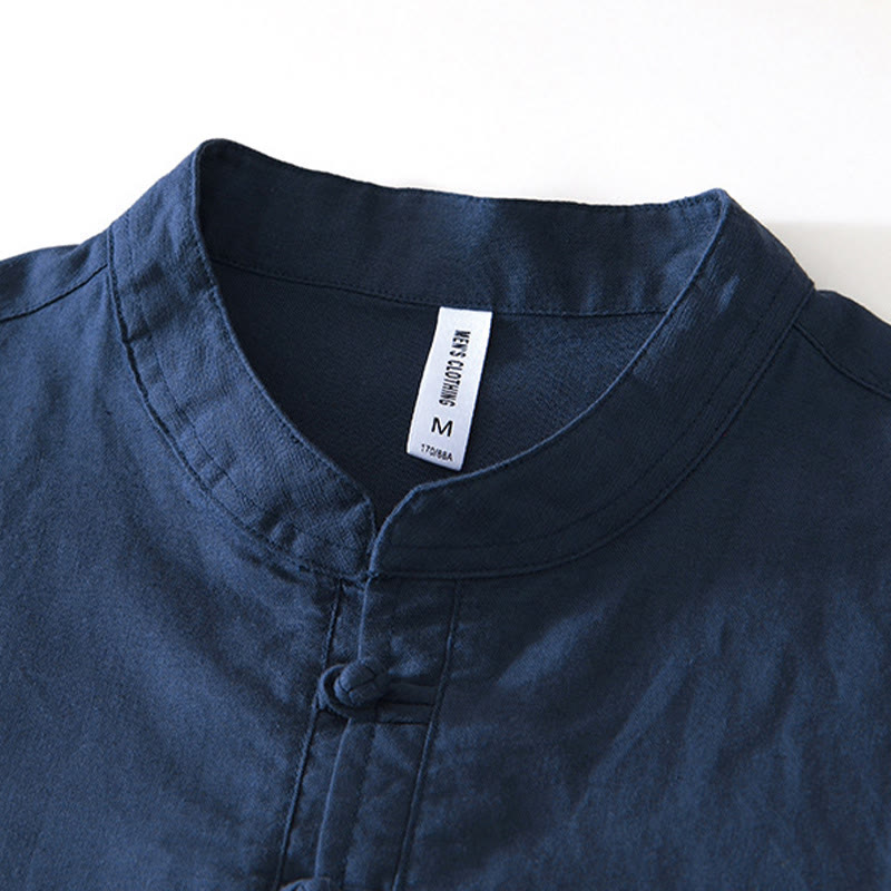 Soft Plain Frog-button Crew Neck Cotton Linen Half Button Men's Shirt