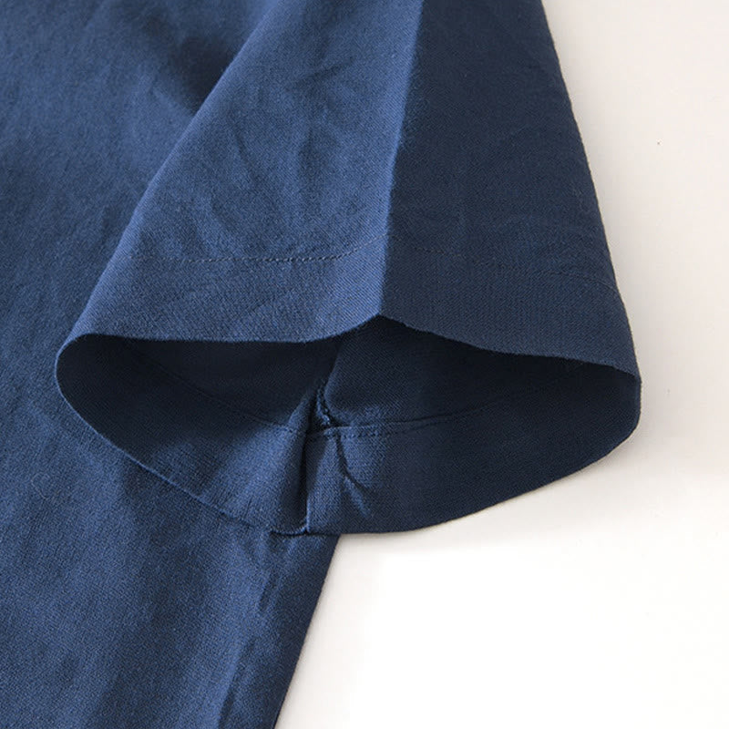 Soft Plain Frog-button Crew Neck Cotton Linen Half Button Men's Shirt