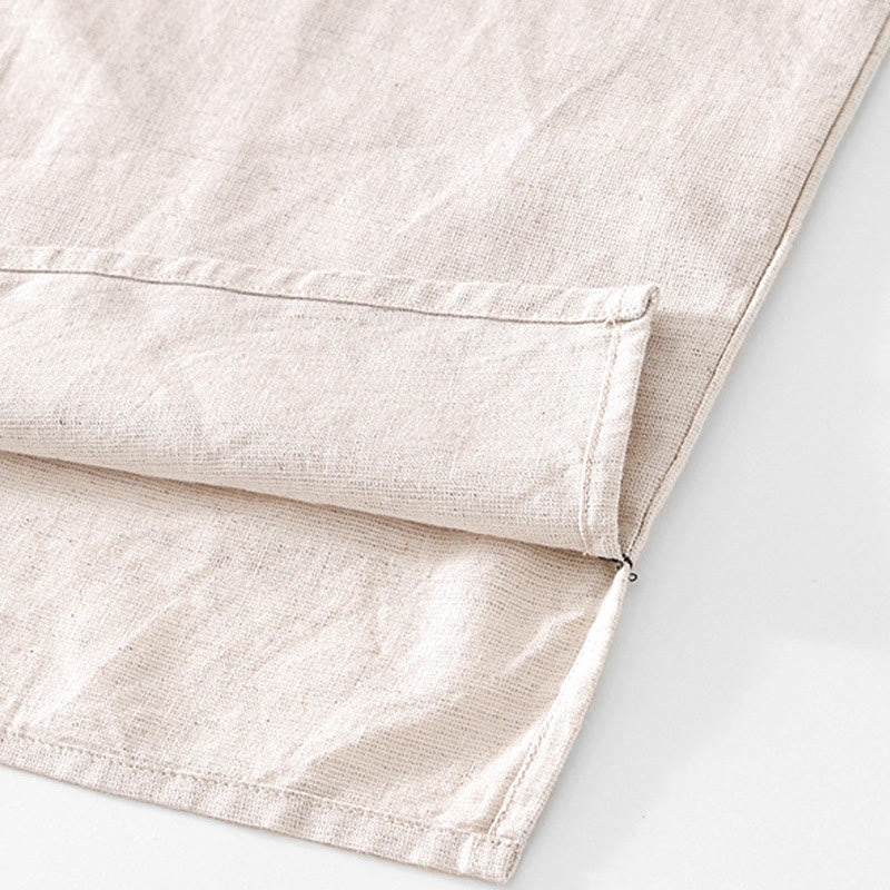 Soft Plain Frog-button Crew Neck Cotton Linen Half Button Men's Shirt