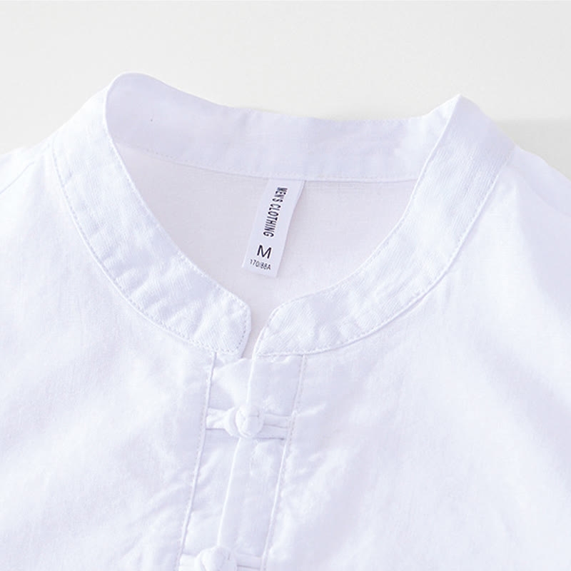Soft Plain Frog-button Crew Neck Cotton Linen Half Button Men's Shirt