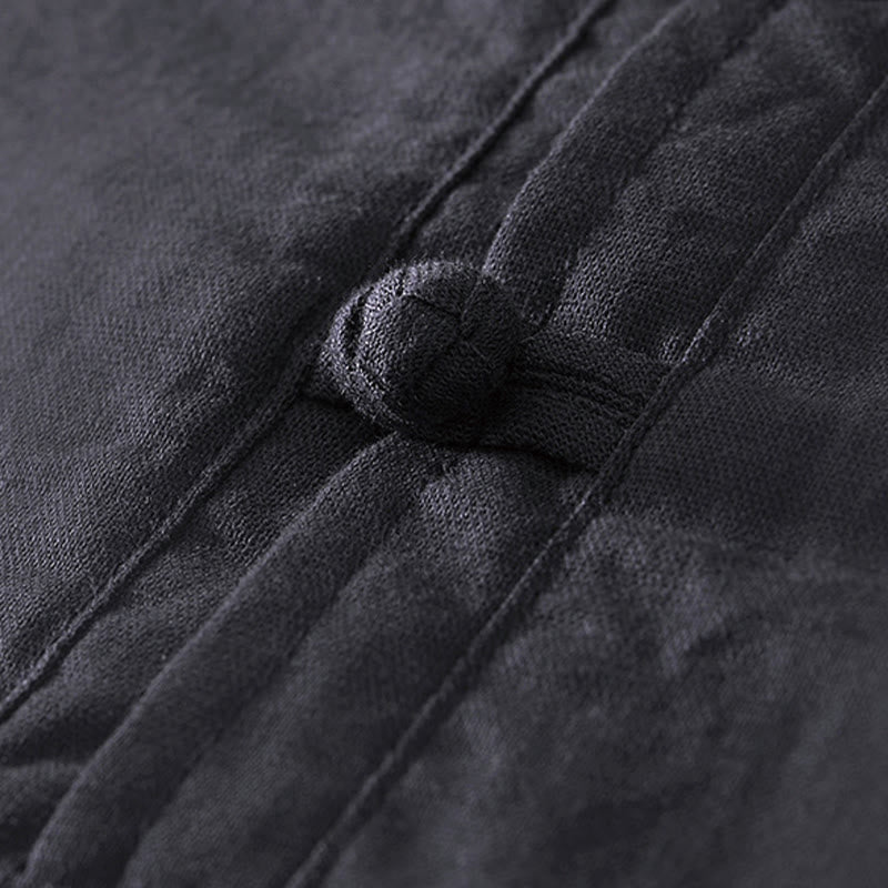 Soft Plain Frog-button Crew Neck Cotton Linen Half Button Men's Shirt