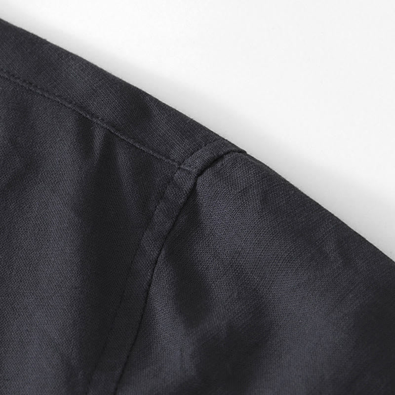Soft Plain Frog-button Crew Neck Cotton Linen Half Button Men's Shirt