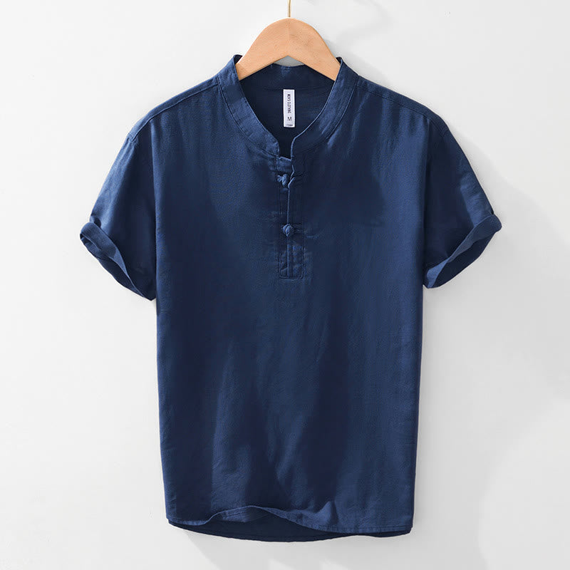 Soft Plain Frog-button Crew Neck Cotton Linen Half Button Men's Shirt