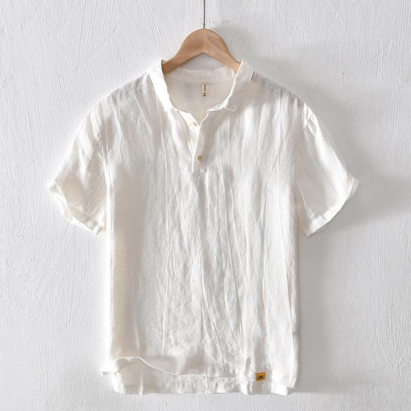 Simple Design Short Sleeve Lapel Linen Half Button Men's Shirt