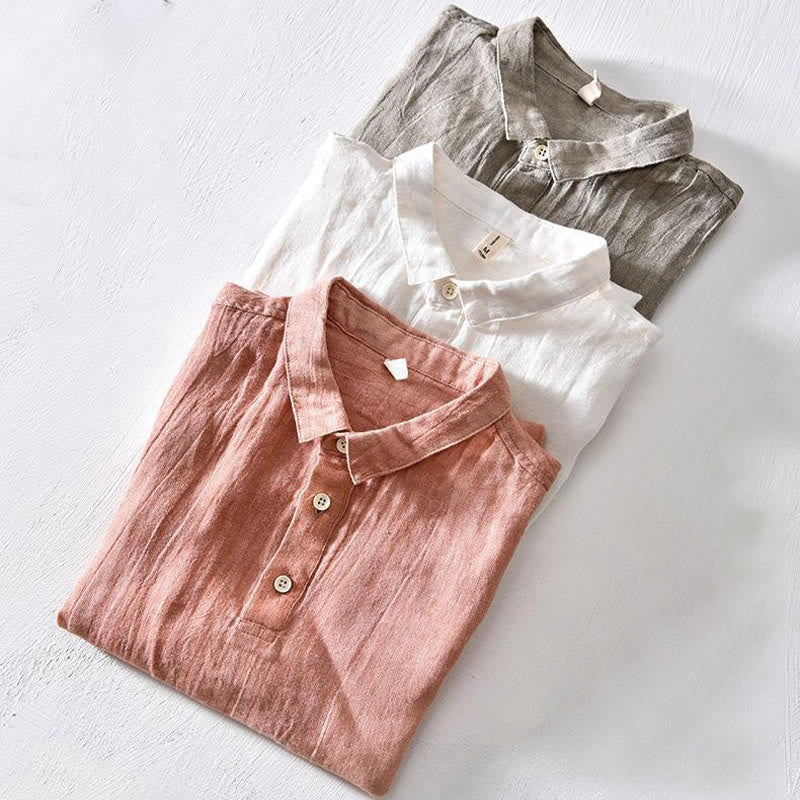 Simple Design Short Sleeve Lapel Linen Half Button Men's Shirt