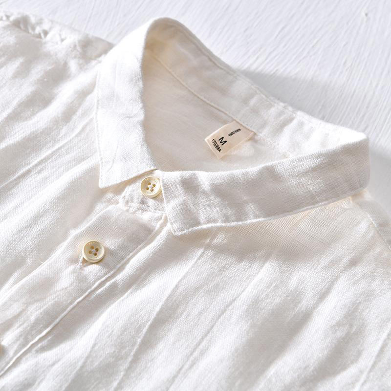 Simple Design Short Sleeve Lapel Linen Half Button Men's Shirt