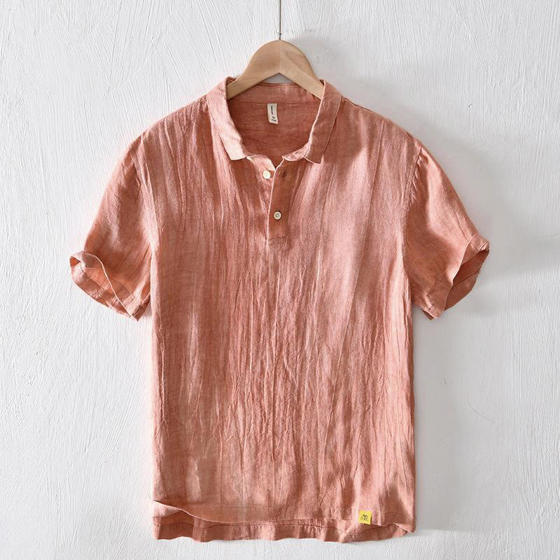 Simple Design Short Sleeve Lapel Linen Half Button Men's Shirt