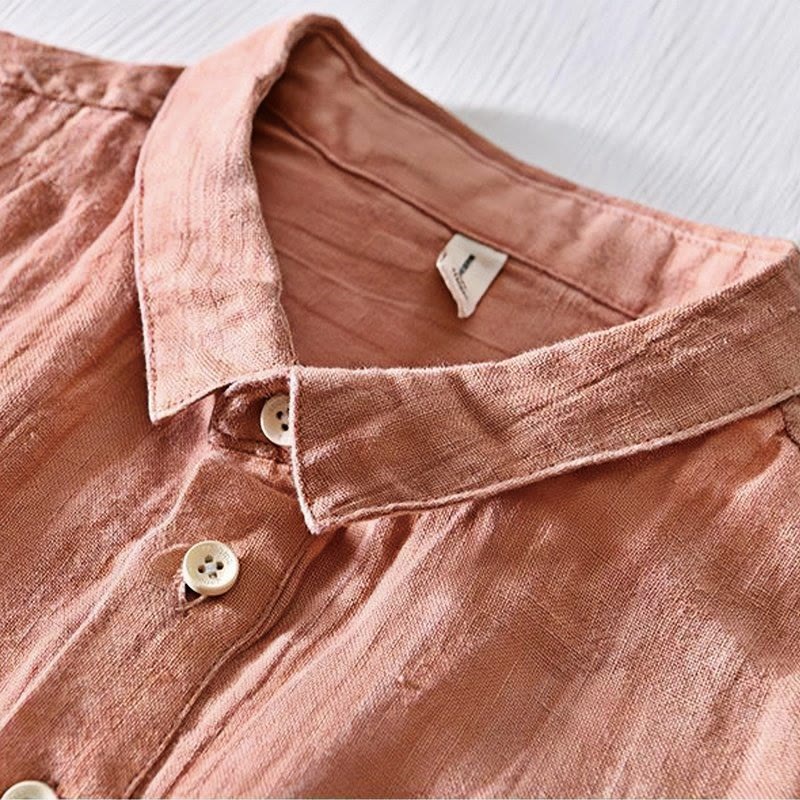 Simple Design Short Sleeve Lapel Linen Half Button Men's Shirt
