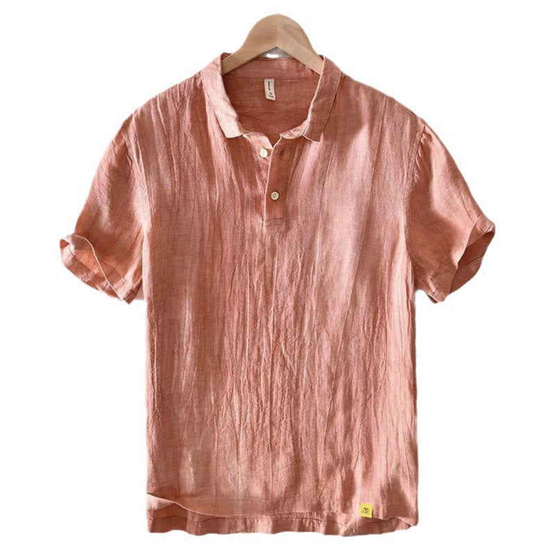 Simple Design Short Sleeve Lapel Linen Half Button Men's Shirt